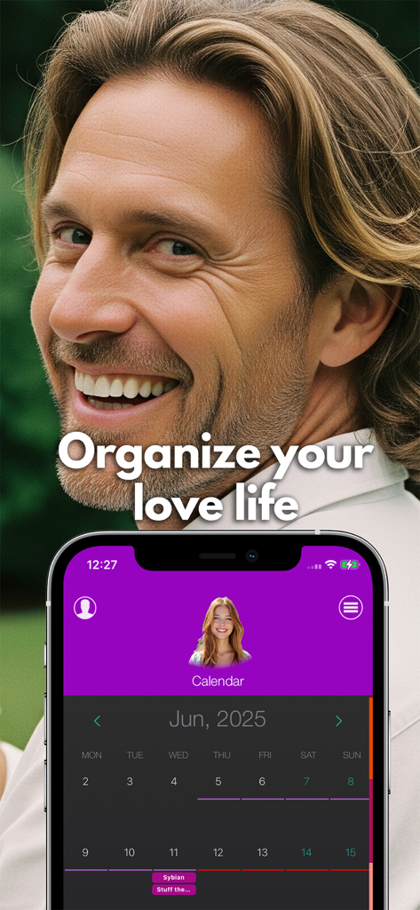 Smartphone showing the calendar and diary feature of the 101 Positions KamaSutra Prime app with the text Organize your love life