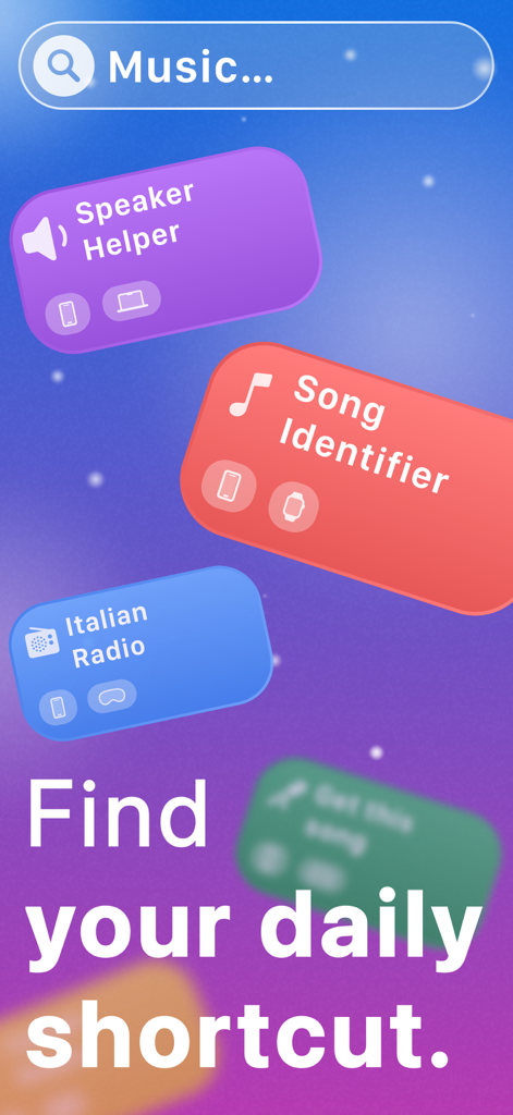 Shortcut Archive - Interfaz de la aplicación Archivo de Atajos mostrando una barra de búsqueda y fichas de atajos de automatización como Ayudante de Altavoz e Identificador de Canciones