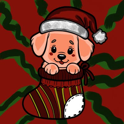 cute puppy wearing santa hat in socking