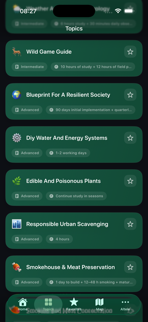 Survival Guide Offline - A list of survival topics in the Survival Guide Offline app including wild game guide, water systems, and meat preservation.