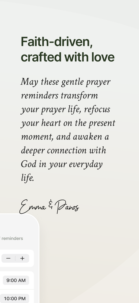 Prayminder - Prayminder app screen with a faith driven message and daily prayer reminder settings