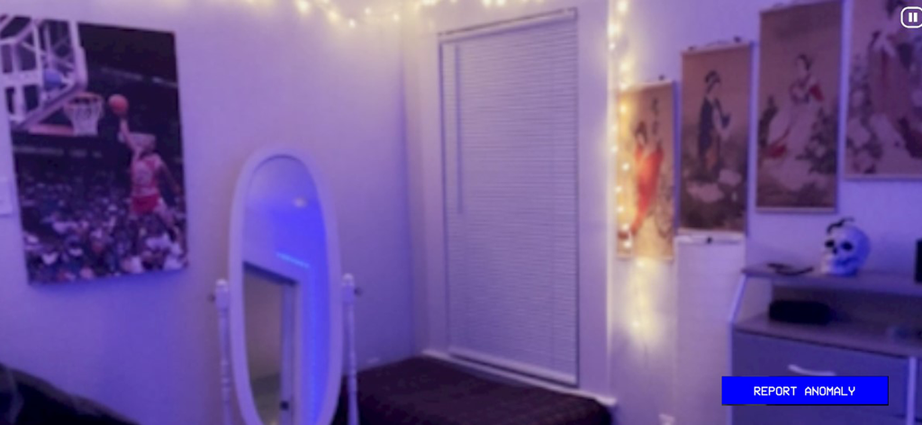 Paranormal Inc. - CCTV camera view of a purple lit bedroom with a report anomaly button
