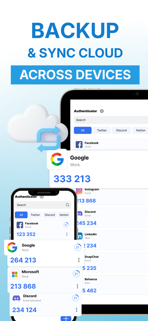 Cloud-Backup und Synchronisierung von 2FA-Codes auf Smartphone- und Tablet-Geräten