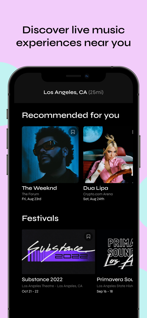 Bandsintown Concerts - Bandsintown App-Oberfläche, die empfohlene Live-Musik-Events und Festivals in Los Angeles zeigt.