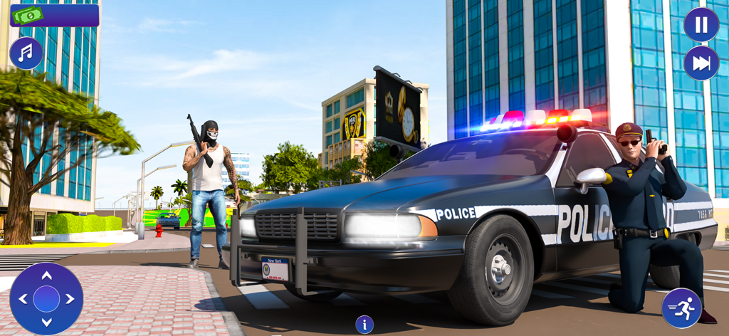 Officer Police Games:Patrol 3D - Police officer kneeling next to a patrol car while facing a masked suspect in a 3D city environment.