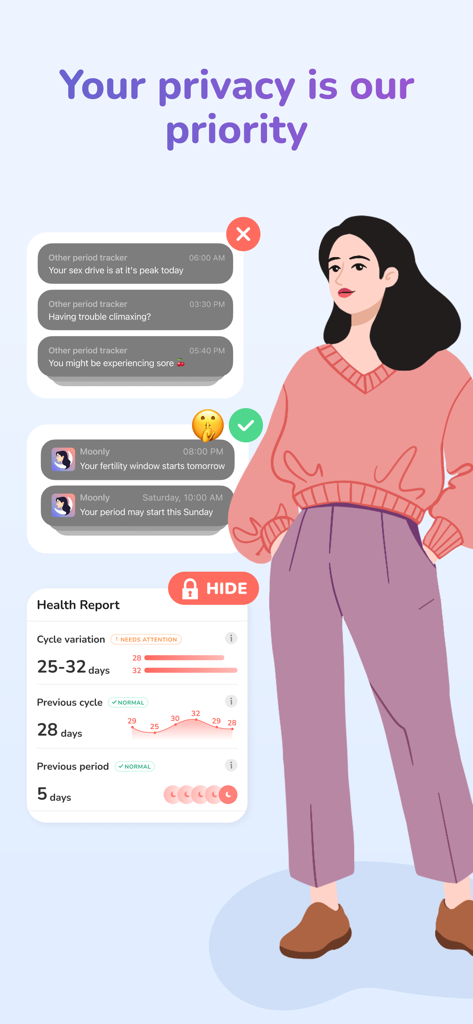 Moonly app interface showcasing discreet notifications and private health report features