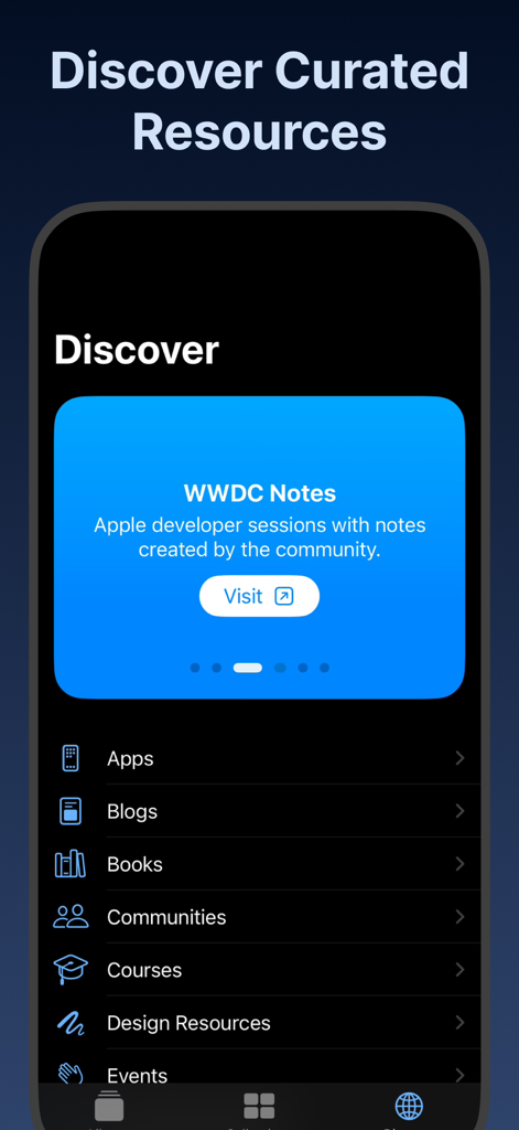 Compot: SwiftUI with AI - The Discover screen of the Compot app displaying curated resources for SwiftUI developers including blogs books and courses