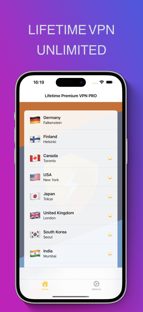 Écran d'iPhone affichant une liste des emplacements de serveurs mondiaux disponibles dans l'application VPN Premium PRO à Vie