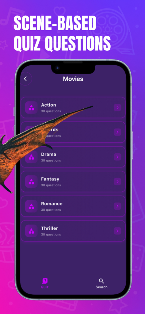 Lok L0k 앱에 영화 장르 퀴즈 카테고리를 보여주는 화면