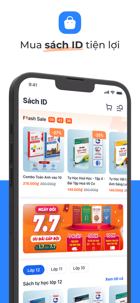 Moon.vn - App học online! - Moon.vn app interface showing an online store for educational books and flash sales for Vietnamese students