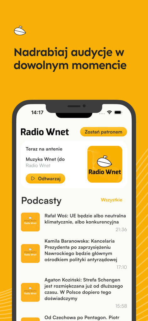 Radio Wnet - Radio Wnet mobile app interface showing a list of podcasts and the live radio player