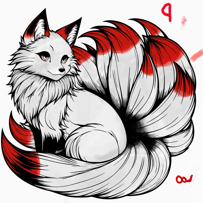 realistic detailed 9 tailed anime fox
