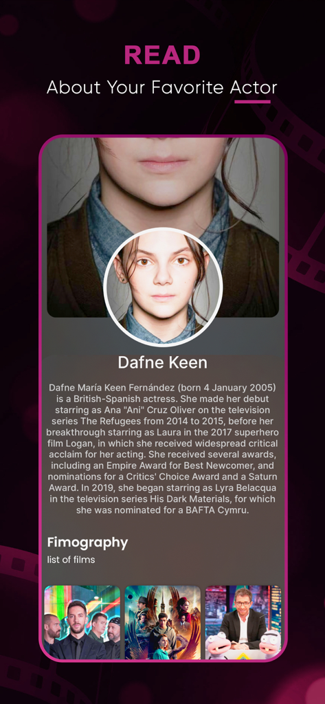 Seekee Movies : Films & Shows - Actor profile page for Dafne Keen on Seekee Movies app featuring her biography and filmography