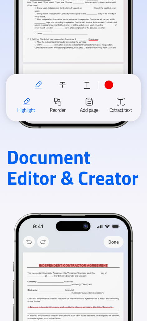 PDF Editor-Converter & Viewer - Mobile app interface of PDF Creature showing document editing tools including highlight, reorder, and text extraction features over a contract document.