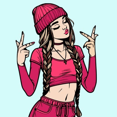 realistic teenage girl with braids and a beanie and crop top doing 🫶🏼