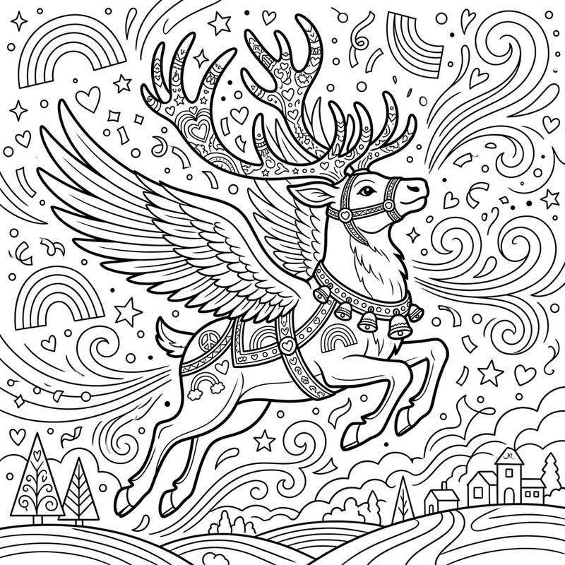 Celebrate love and diversity with this magnificent flying reindeer coloring page, designed especially for Pride Month. Its intricate patterns and joyful background invite you to add a splash of color to a truly magical scene.