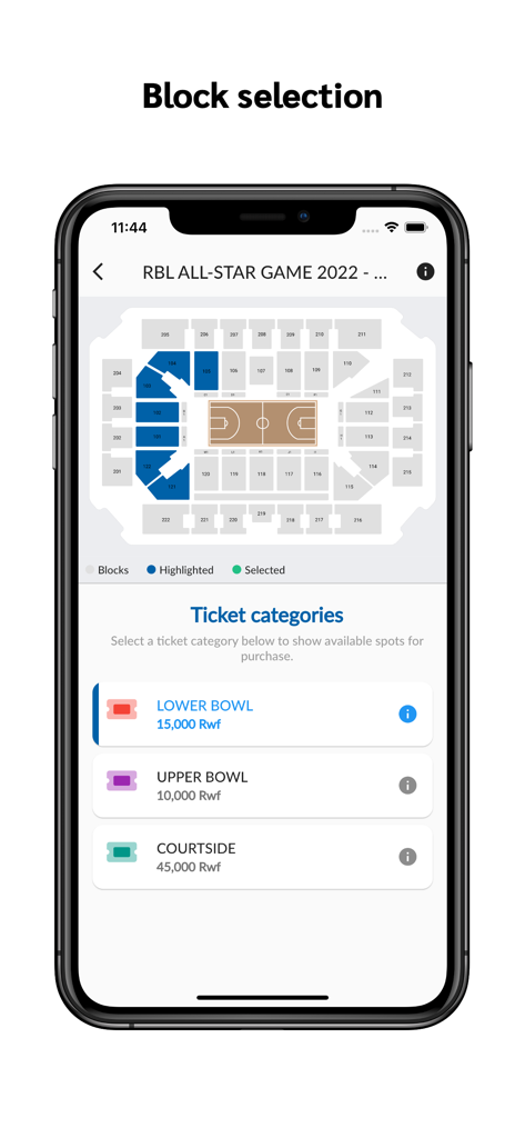 TICQET - TICQET mobile app interface showing an interactive seating map and ticket categories for a basketball game at BK Arena.