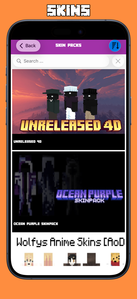Add-ons for Minecraft PE ⋆ - Interface of the Add-ons for Minecraft PE app showing various character skin packs