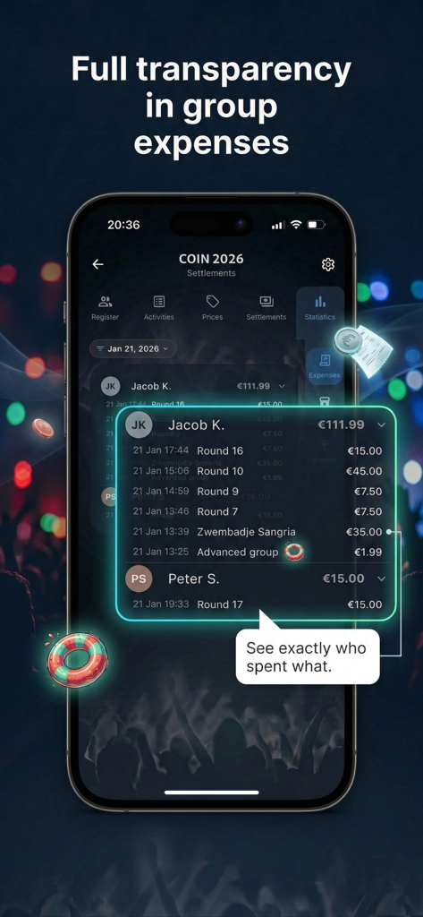 DrinkSync! - Una pantalla de la aplicación móvil para DrinkSync que muestra un desglose detallado de los gastos del grupo y quién gastó qué.