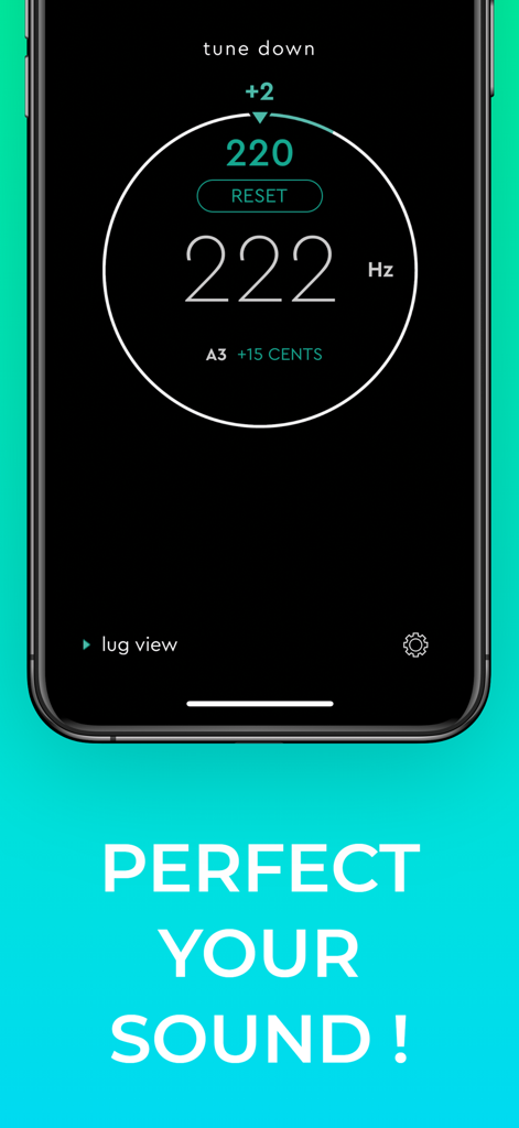 Interface do aplicativo drum tuner EZ mostrando uma leitura de frequência de 222 Hz e o slogan Aperfeiçoe Seu Som