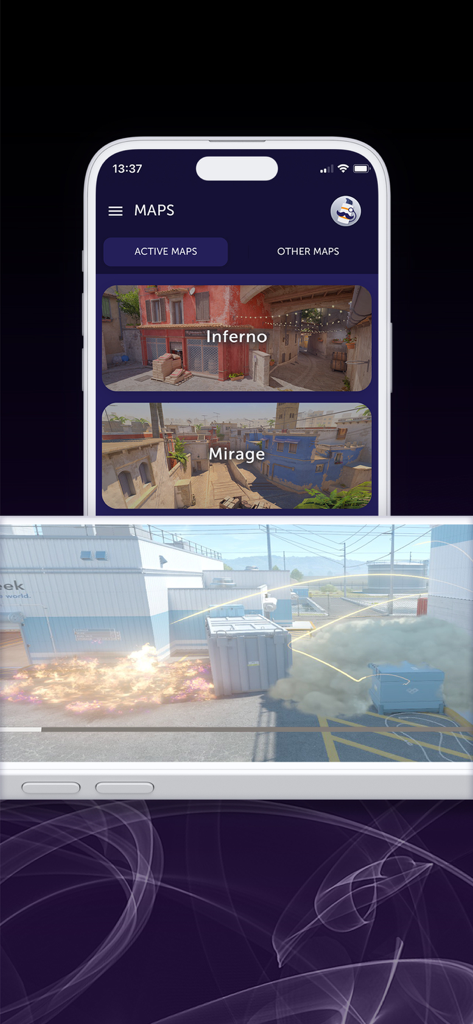 Smoke Baron - CS2 Nade Guide - Interface de l'application Smoke Baron montrant la sélection de cartes Counter-Strike 2 et une vidéo tutoriel de grenade