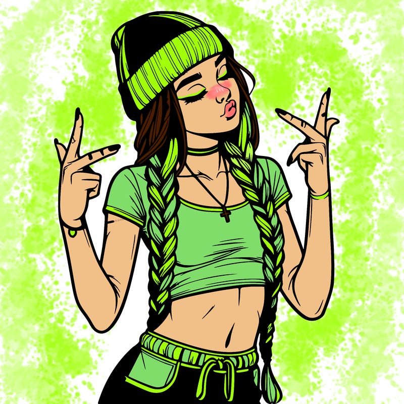 realistic teenage girl with braids and a beanie and crop top doing 🫶🏼