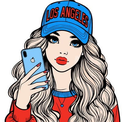 realistic beautiful girl wearing los ángeles cap holding an iphone