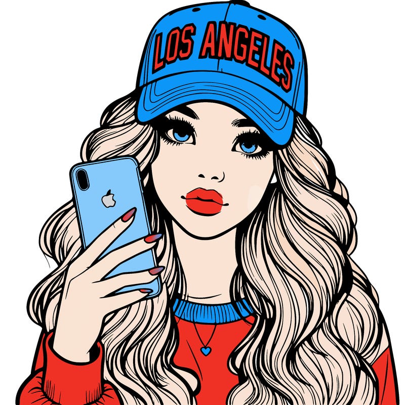 realistic beautiful girl wearing los ángeles cap holding an iphone