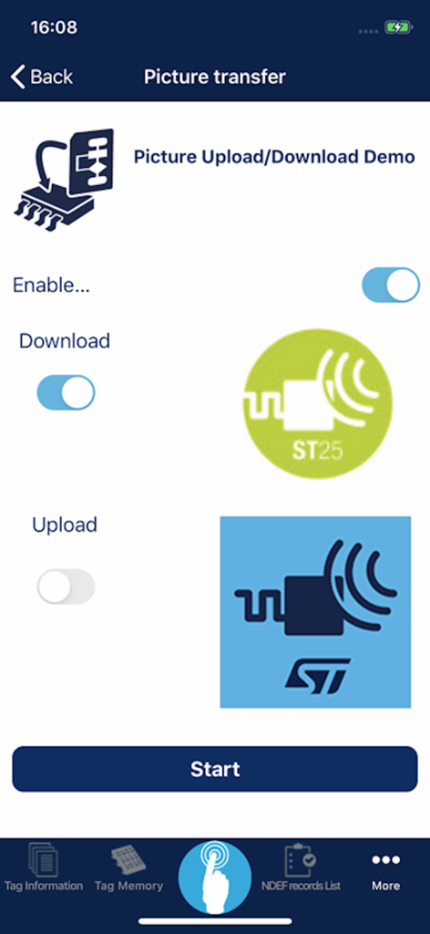 NFC Tap - NFC Tap app picture transfer interface showing upload and download demo options