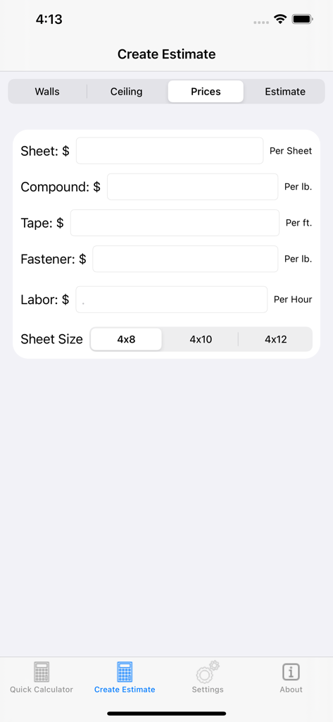 Calculate Drywall - Interface for entering unit prices for drywall sheets, compound, tape, fasteners, and labor to generate a project cost estimate
