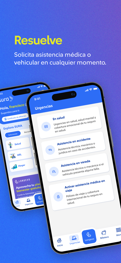 Seguros SURA - Tela de solicitação de assistência médica e veicular no aplicativo Seguros SURA