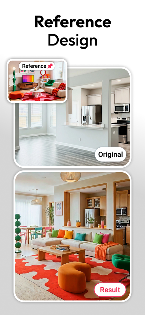 AI Interior Design - Interio - Aplicativo de design de interiores com IA mostrando um cômodo vazio transformado em um espaço de convivência colorido usando transferência de estilo de uma imagem de referência