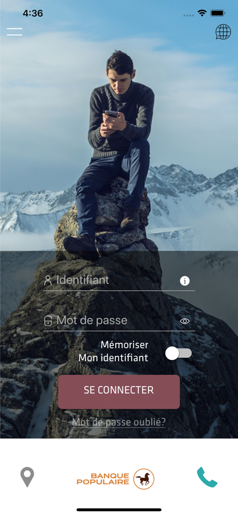 Pocket Bank - Login page of Pocket Bank app showing identifier and password fields with a snowy mountain background