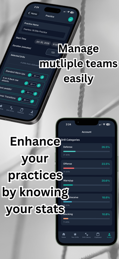 Practice Pro Volleyball - Screenshots of Practice Pro Volleyball app showing practice planning and drill category statistics