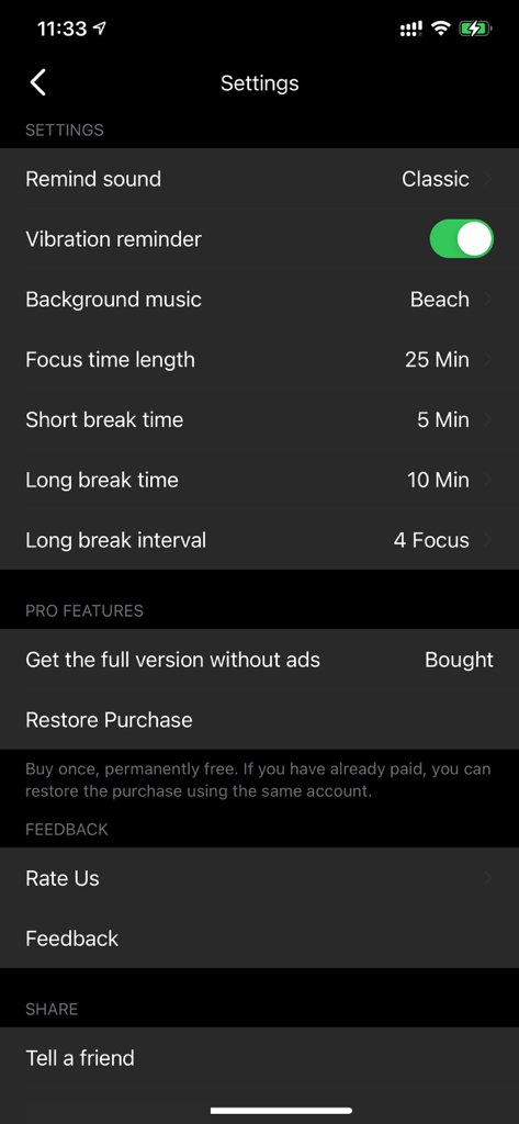Focus timer - time keeper - Settings screen of the Focus timer app showing customizable focus duration and break interval options