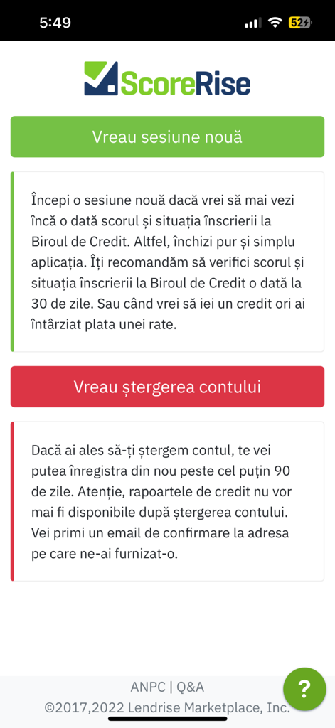 ScoreRise app interface in Romanian showing options to start a new session or delete the user account