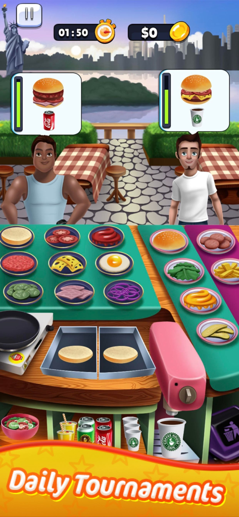 Real Money Cooking Skillz Game - Una interfaz de juego de cocina que muestra ingredientes de hamburguesa y clientes esperando sus pedidos.