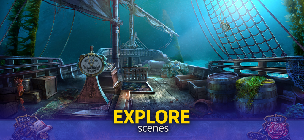 A detailed underwater shipwreck deck scene from Living Legends Voice hidden object game with explore text
