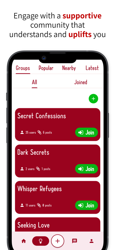 Captura de pantalla de la app anony mostrando diferentes grupos de comunidad anónima como Confesiones Secretas y Secretos Oscuros.