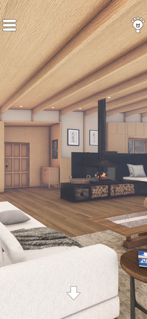 Can you escape Villa Lakeside - Gemütlicher Innenraum einer Villa am See mit Kamin und minimalistischem Holzdesign in einem Escape-Spiel