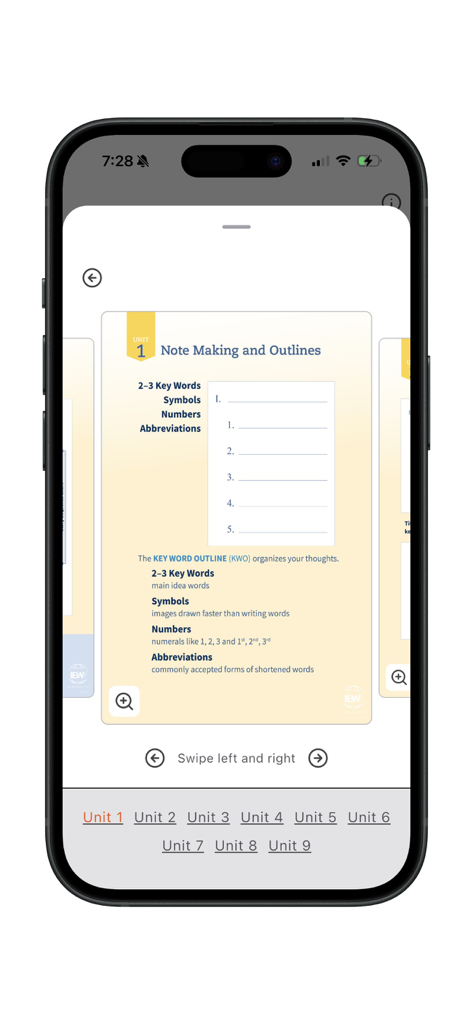 Interface do aplicativo IEW Writing Toolbox exibindo as instruções da Unidade 1 para Anotação e Esboços.