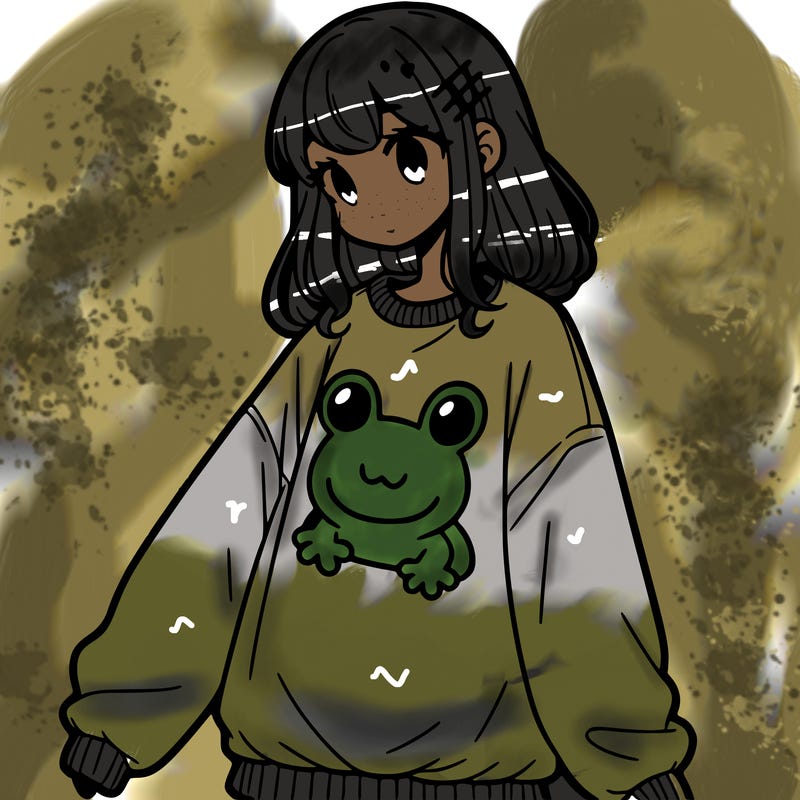 girl wearing frogging sweatshirt