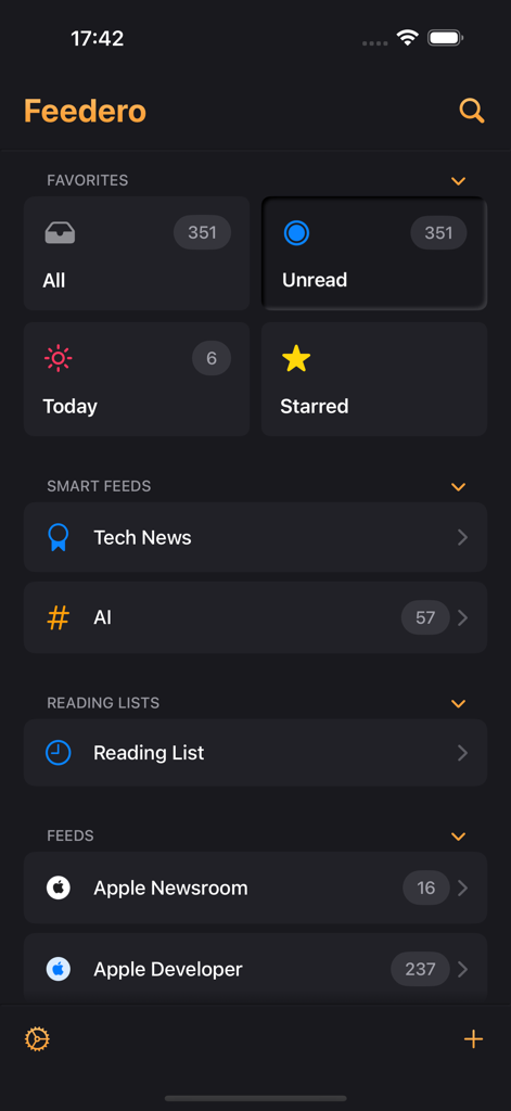 Feedero - Feedero app main dashboard showing categorized RSS feeds and reading lists in dark mode.