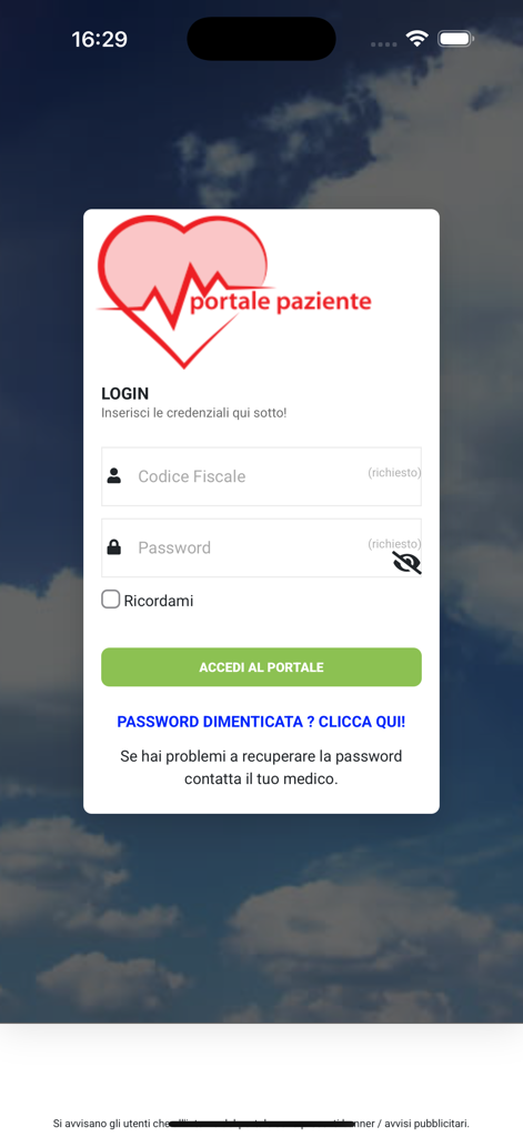 Portale paziente - Atlasmedica - Pantalla de inicio de sesión de la aplicación Atlasmedica Patient Portal que muestra campos para código fiscal y contraseña
