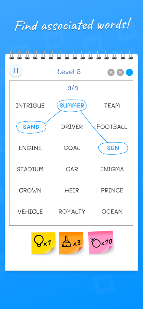 Word Match: Connections Game - Word Match Connections Game screen showing associated words summer sand and sun