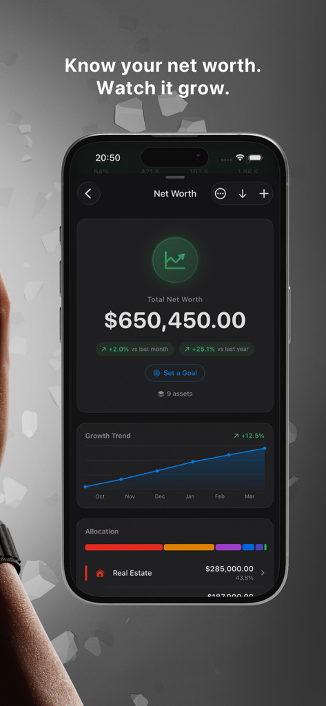 Control - your money - Dashboard showing total net worth and growth trend chart in the Control finance app