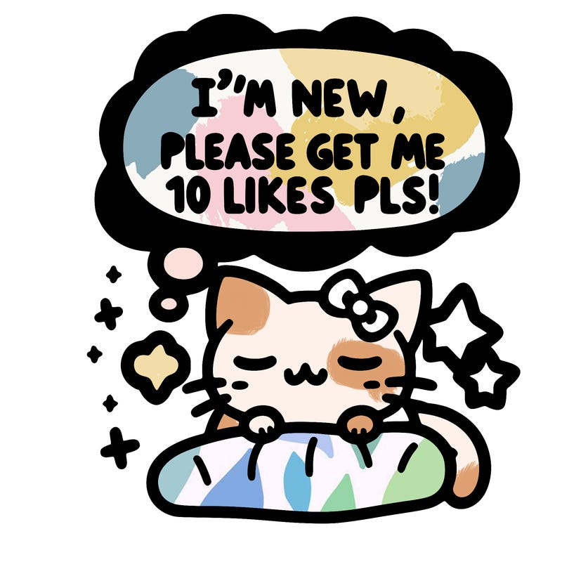 kitty taking a nap dream talking and saying "i'm new, please get me at least 10 likes pls!!"
