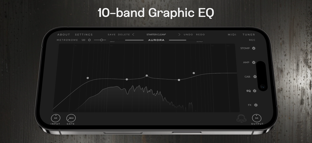Laboga Mr Hector - Amp Sim - Mr Hectorアンプシミュレーターアプリの10バンドグラフィックEQのインターフェース、周波数カーブを表示