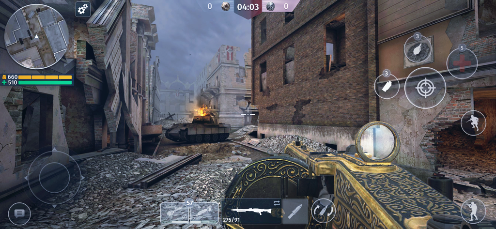 First person perspective of a golden machine gun in a ruined World War 2 city with a burning tank