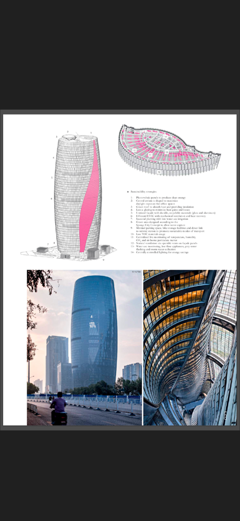 Technical architectural diagrams and photographs of a modern skyscraper showing sustainability strategies